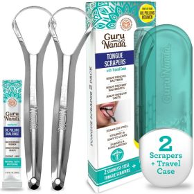 GuruNanda Stainless Steel Spoon Tongue Scraper With Travel Case – BPA Free – 2 Pack For Ages 12 And Up – Reusable Oral Hygiene Tool