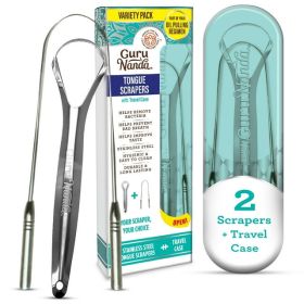 GuruNanda Stainless Steel Tongue Scraper Variety Pack With Spoon And U-Shaped Design – BPA Free – Includes Travel Case – 2 Pack For All Ages