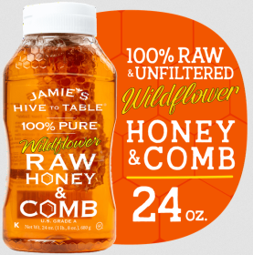 Jamie's Hive to Table Wildflower Honey & Comb, Honeycomb, Raw & Unfiltered, 24 oz Squeeze Bottle